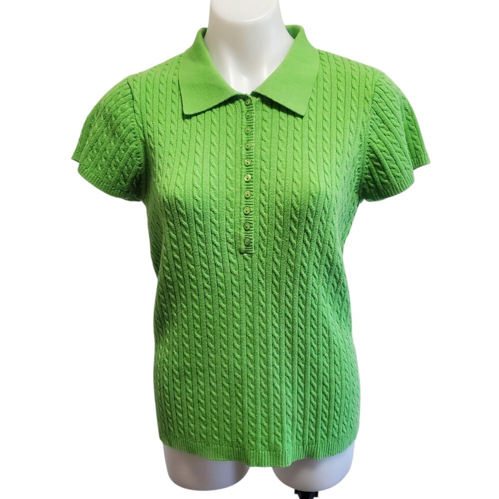 Y2K 525 America Cable Knit Polo Sweater Green Preppy Old Money Equestrian XL